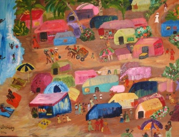 Painting titled "Caribbean Village" by Adele Steinberg, Original Artwork, Oil