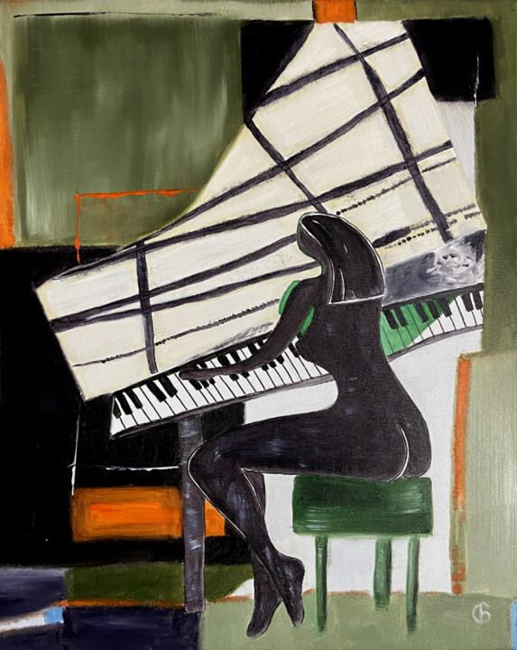 Painting titled "Piano Jazz." by Svetlana Bagdasaryan, Original Artwork, Oil Mounted on Wood Stretcher frame