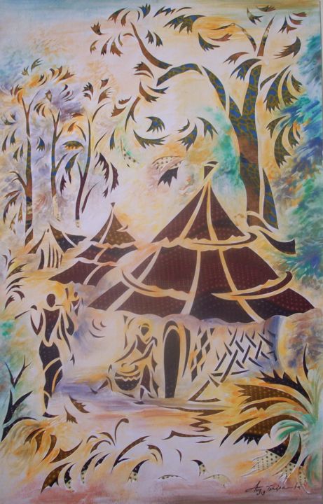 Painting titled "Le petit village" by Augustin Tshimpe Wa Nzambi, Original Artwork