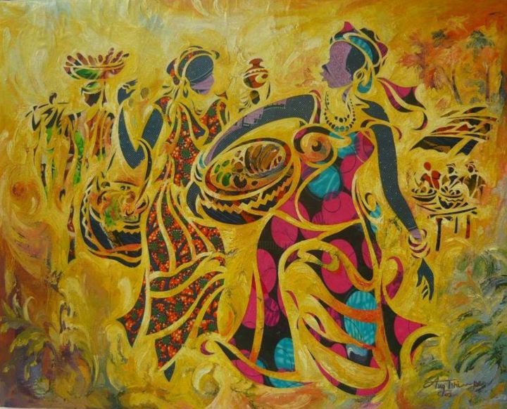 Painting titled "femmes-heureuses-12…" by Augustin Tshimpe Wa Nzambi, Original Artwork