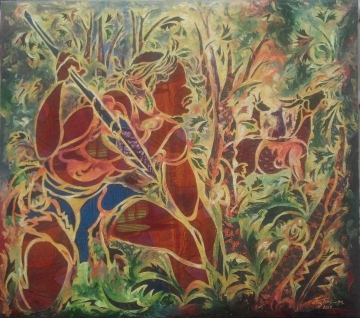 Painting titled "Le Chasseur" by Augustin Tshimpe Wa Nzambi, Original Artwork, Oil