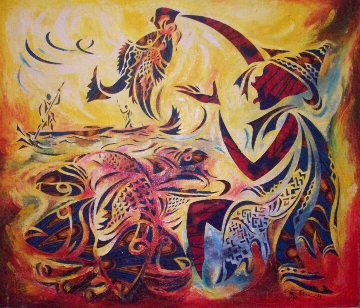 Painting titled "Pêche miraculeuse" by Augustin Tshimpe Wa Nzambi, Original Artwork, Oil