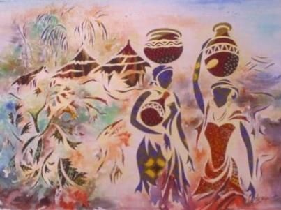 Peinture intitulée "Femmes du village" par Augustin Tshimpe Wa Nzambi, Œuvre d'art originale