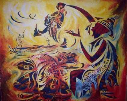 Peinture intitulée "La Pêche Fructueuse" par Augustin Tshimpe Wa Nzambi, Œuvre d'art originale