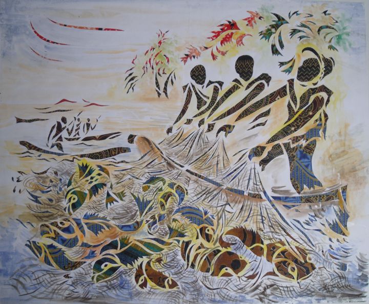 Painting titled "La Pêche miraculeus…" by Augustin Tshimpe Wa Nzambi, Original Artwork, Oil