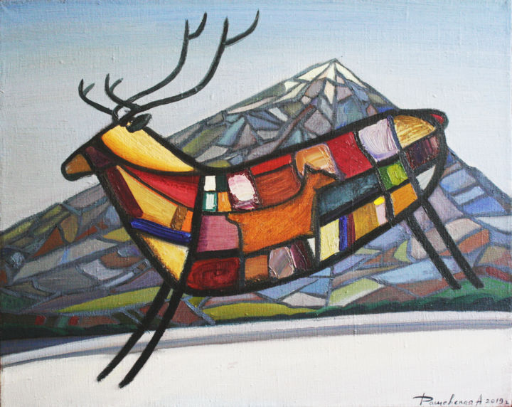 Картина под названием "Patchwork Deer" - Anastasiya Dashevskaya, Подлинное произведение искусства, Масло