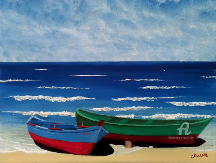Pittura intitolato "Barche in sosta" da Accarò, Opera d'arte originale, Olio