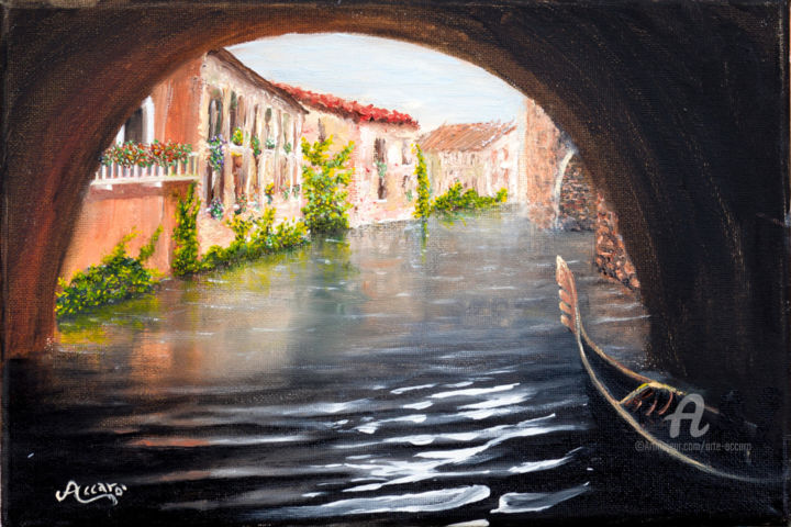 Painting titled "In gondola a Venezia" by Accarò, Original Artwork, Oil