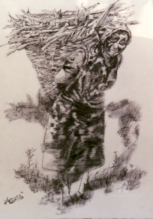 Disegno intitolato "portatrice di legna" da Accarò, Opera d'arte originale, Carbone