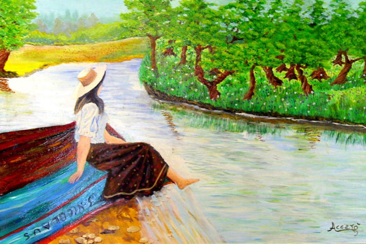 Painting titled "Donna al lago" by Accarò, Original Artwork, Oil