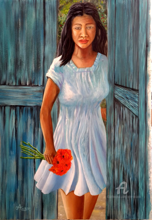 Painting titled "ragazza con papaveri" by Accarò, Original Artwork, Oil