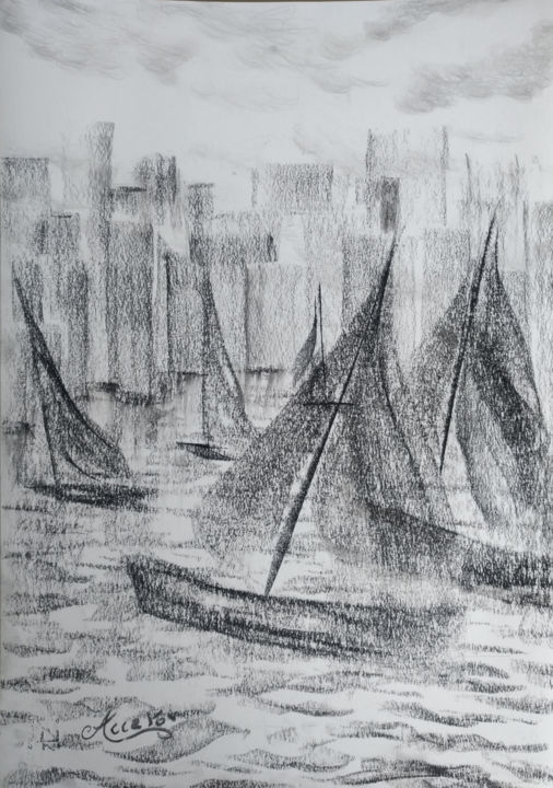 Drawing titled "Vele" by Accarò, Original Artwork, Charcoal