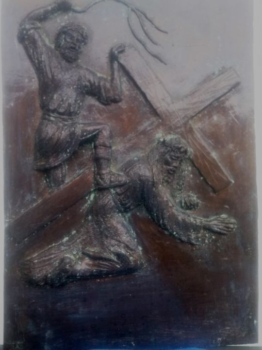 Scultura intitolato "3-via crucis-tav- I…" da Angelo Pisciotta, Opera d'arte originale, Terracotta