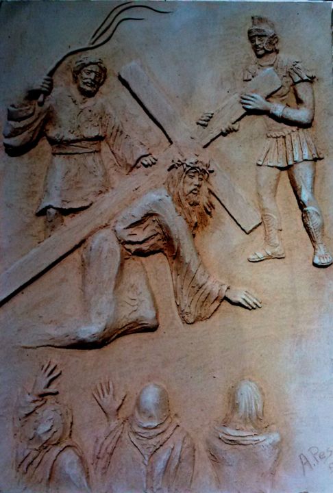Escultura intitulada "via-crucis-tavola -…" por Angelo Pisciotta, Obras de arte originais, Cerâmica