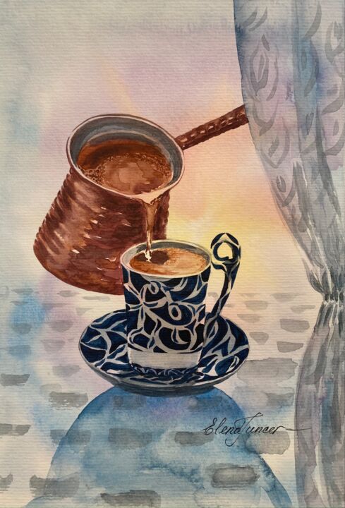 Schilderij getiteld "''Turkish Coffee Ti…" door Elena Tuncer, Origineel Kunstwerk, Aquarel