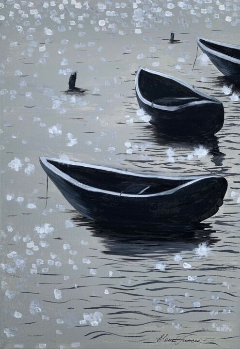 Картина под названием ""Boats Shining" Bla…" - Elena Tuncer, Подлинное произведение искусства, Акрил