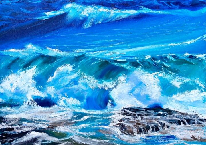 제목이 ""Turning Blue" Seas…"인 미술작품 Elena Tuncer로, 원작, 기름 나무 들것 프레임에 장착됨