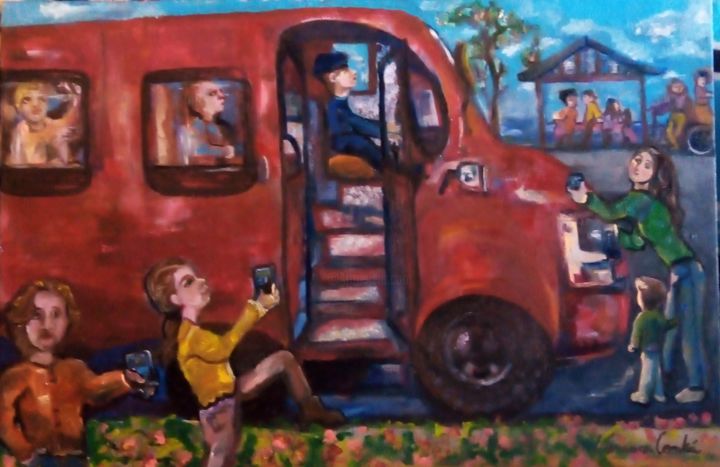 Painting titled "Ônibus de turismo" by Vanesca Conká, Original Artwork, Acrylic