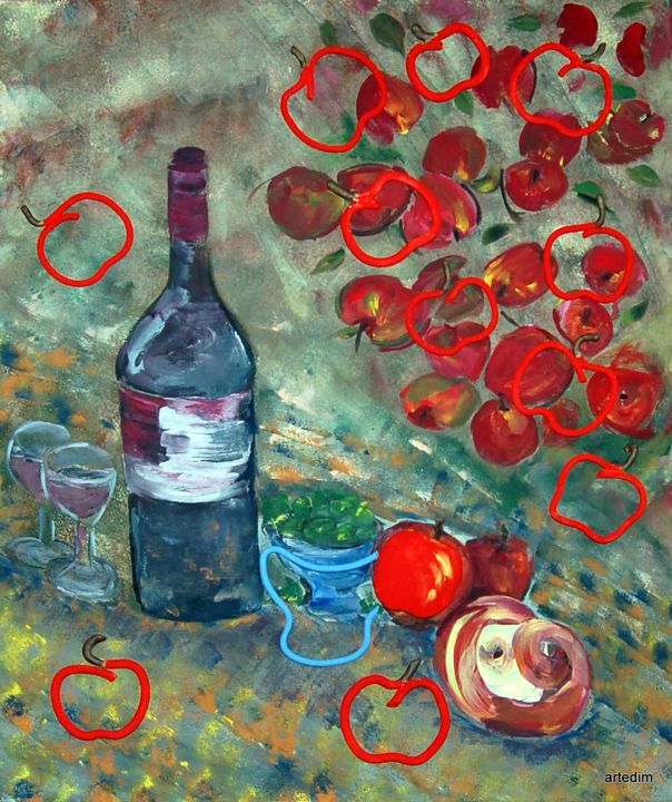 Malerei mit dem Titel "Collage de Pommes" von Diana Ingrid Michat, Original-Kunstwerk, Acryl