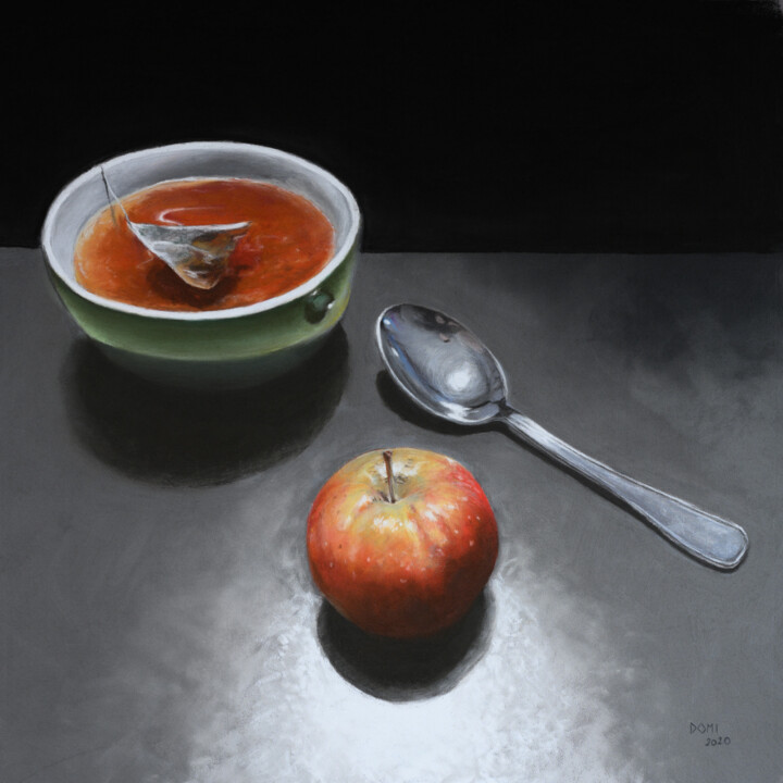 Disegno intitolato "Thé a la pomme carré" da Artelierdedomi, Opera d'arte originale, Pastello