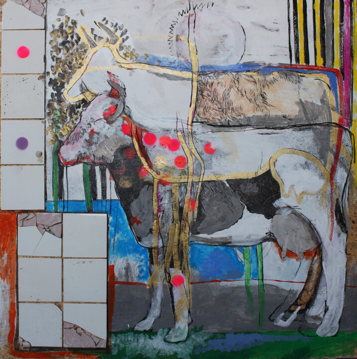 Colagens intitulada "Cows" por Artem Andreichuk, Obras de arte originais, Acrílico