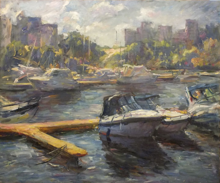Pintura intitulada "Yachts" por Artem Brazhnik, Obras de arte originais, Óleo