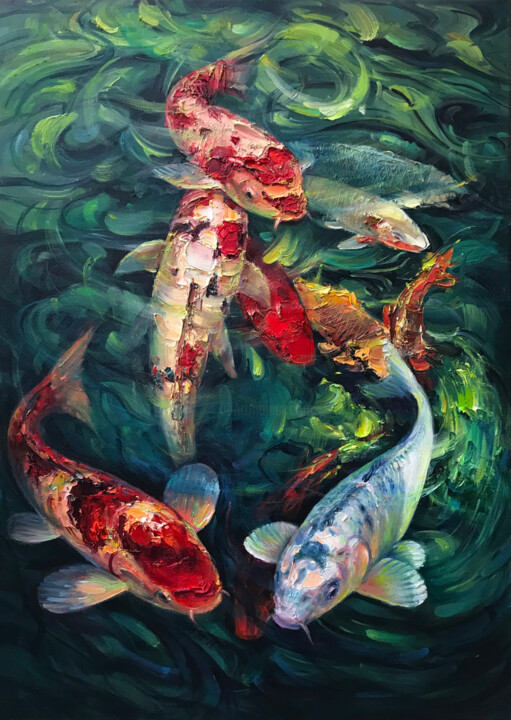 Painting titled ""Koi Pond" by Artem…" by Artem Grunyka, Original Artwork, Oil