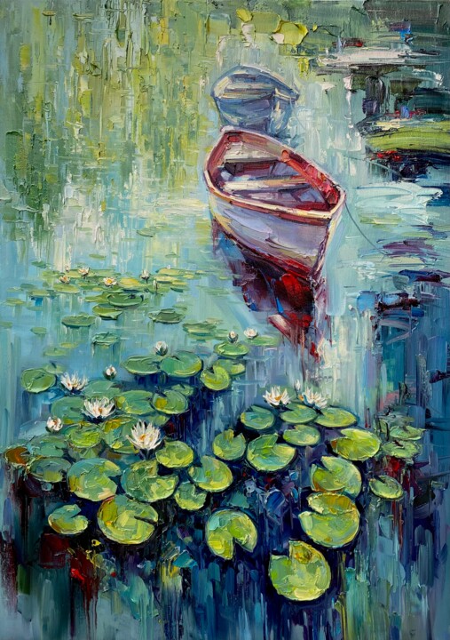 Painting titled "Waterlilies" by Artem Grunyka, Original Artwork, Oil Mounted on Wood Stretcher frame