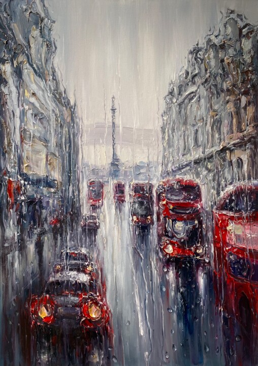Painting titled "London Rain" by Artem Grunyka, Original Artwork, Oil