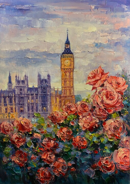 Painting titled "London Flowers" by Artem Grunyka, Original Artwork, Oil Mounted on Wood Stretcher frame