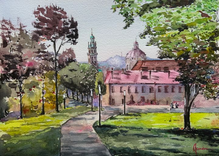 Painting titled "City park in Lviv" by Artem Pavlyukov, Original Artwork, Watercolor