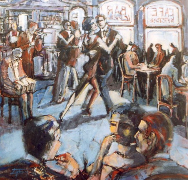Painting titled "Cafetín" by Mónica Cabrera, Original Artwork, Oil