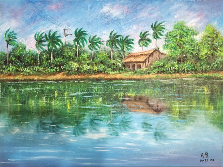 Pintura titulada "Cabaña en el lago" por Artemio Alvarez, Obra de arte original, Acrílico