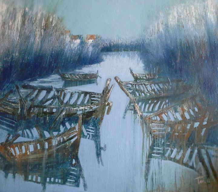 Pittura intitolato "vecchie barche" da Luigi Torre, Opera d'arte originale
