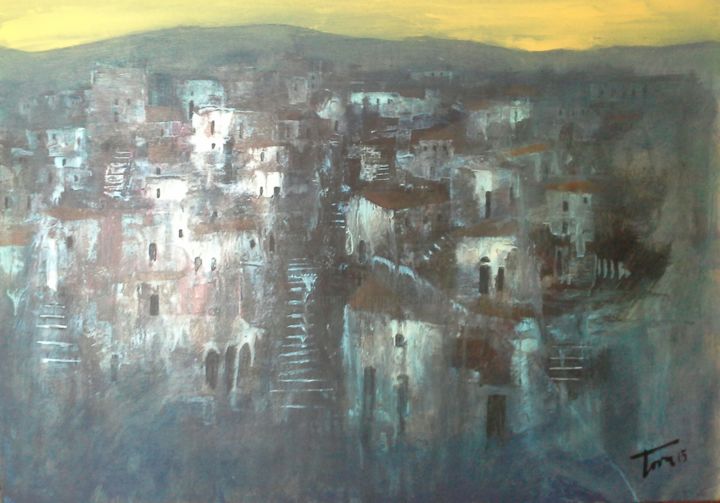 Pittura intitolato "Borgo all'alba" da Luigi Torre, Opera d'arte originale