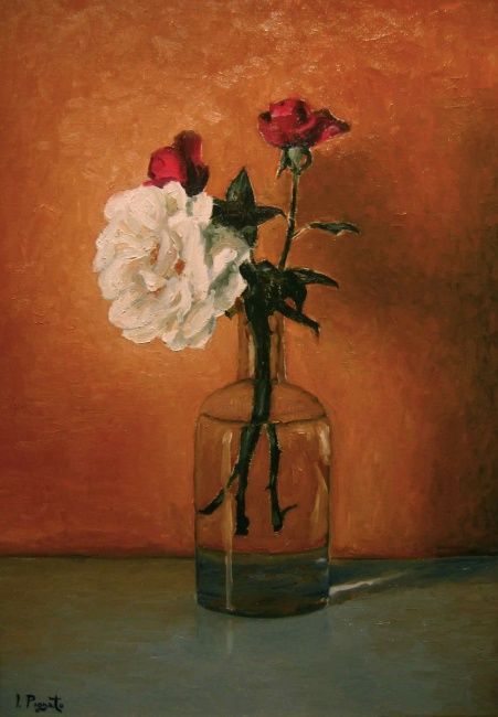 Painting titled ""Bottiglia con rose"" by Artepignato, Original Artwork, Oil