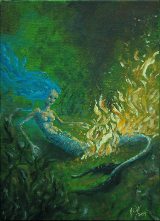 Pittura intitolato "Iara em chamas - "I…" da Alan Cassiano, Opera d'arte originale, Olio Montato su Pannello di legno
