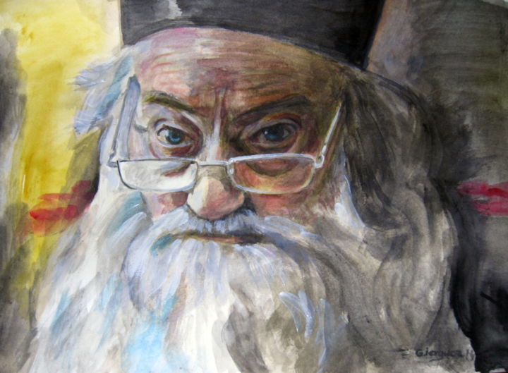 Картина под названием "Priest Justin Parvu…" - Gheorghe Iergucz, Подлинное произведение искусства, Масло