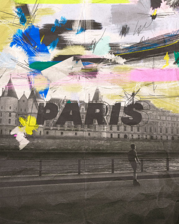 Digitale Kunst mit dem Titel "Paris" von Lena  Shmeléva, Original-Kunstwerk, Digitale Malerei Auf Keilrahmen aus Holz montie…