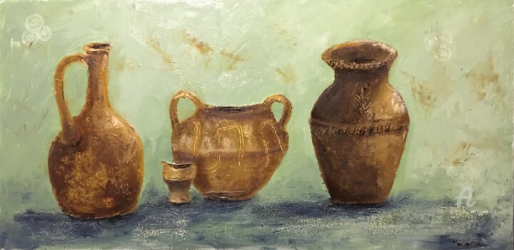 Painting titled "Dacian pottery" by Daciana, Original Artwork, Oil Mounted on Wood Stretcher frame