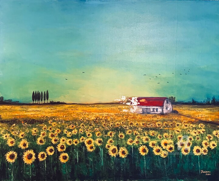 Painting titled "My sunflower field" by Daciana, Original Artwork, Acrylic