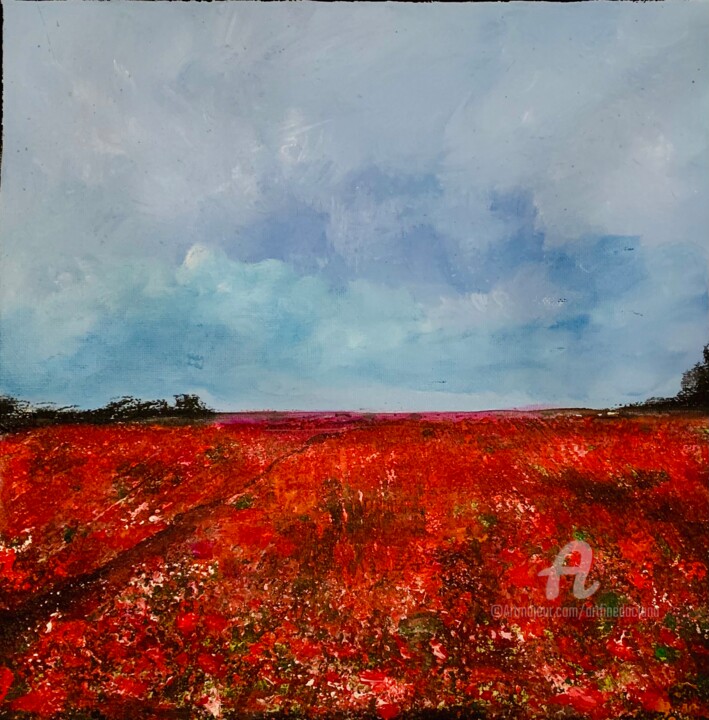 Painting titled "Red field" by Daciana, Original Artwork, Acrylic Mounted on Wood Stretcher frame