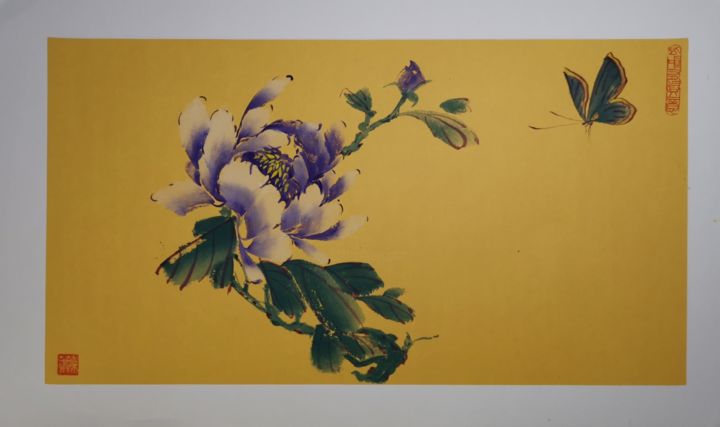 Pintura intitulada "Pivoine mauve et pa…" por Ruirui Duo-Fischer, Obras de arte originais, Aquarela Montado em Cartão