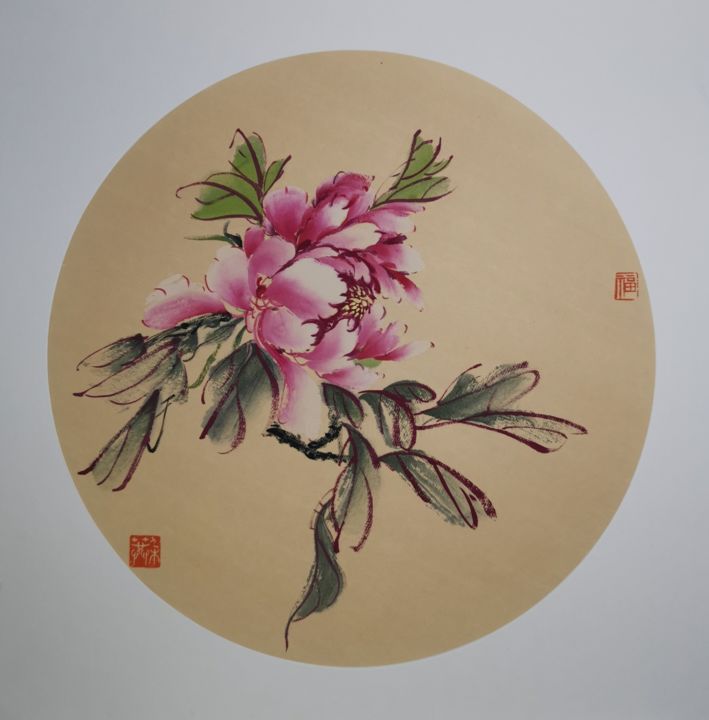 Peinture intitulée "Pivoine rose 7" par Ruirui Duo-Fischer, Œuvre d'art originale, Aquarelle Monté sur Carton