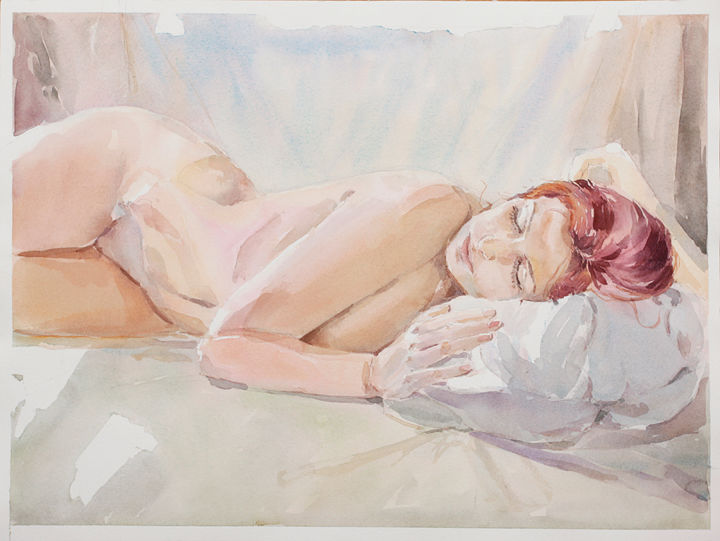 Blue nude watercolour pencil by virginia mcgowan