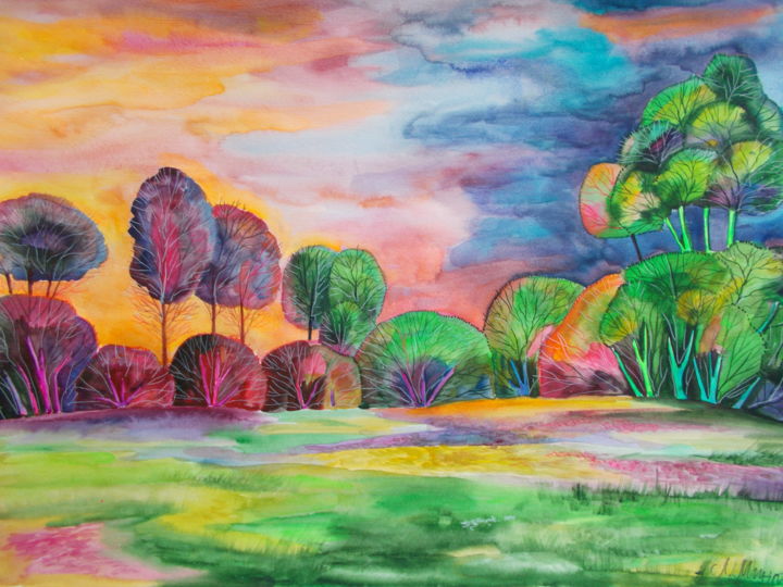 Painting titled "Landscape14" by Artgallerybulgaria, Original Artwork, Watercolor