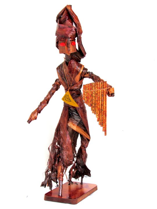Escultura intitulada "O Flautista" por Wellington Barros, Obras de arte originais, Madeira