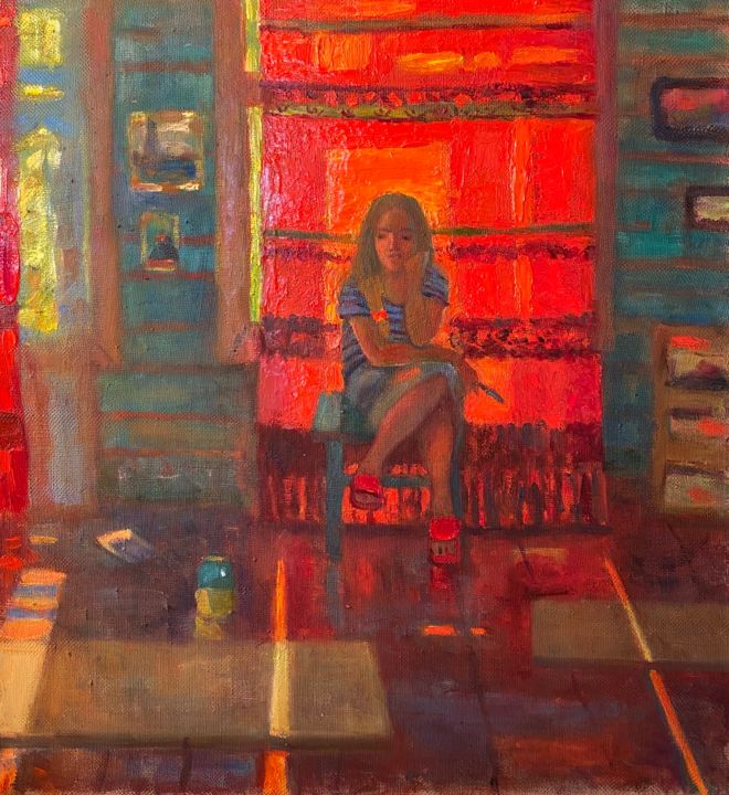 Peinture intitulée "Девушка на красном" par Anastasiia Goreva, Œuvre d'art originale, Huile
