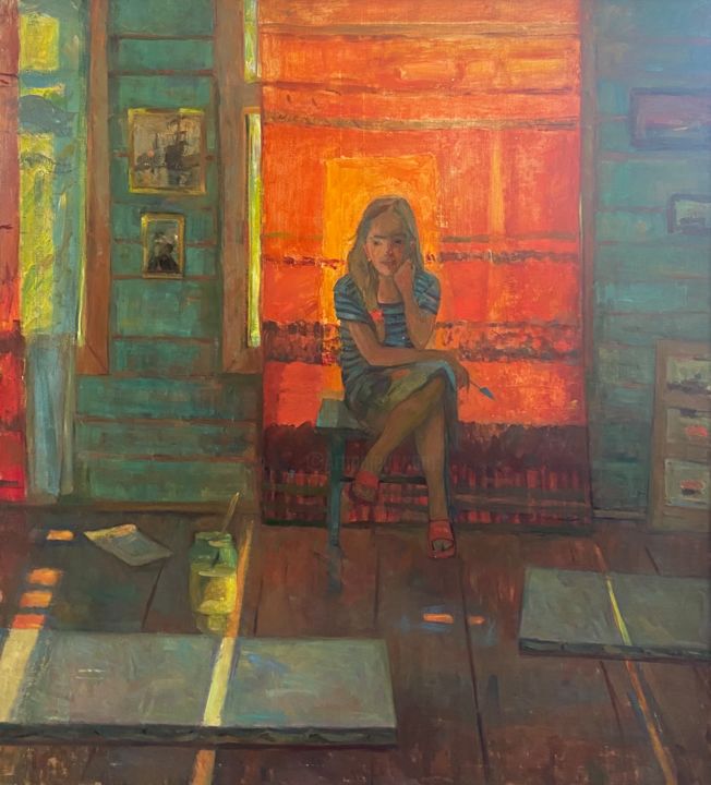 Картина под названием "I'm on a red backgr…" - Анастасия Горева, Подлинное произведение искусства, Масло