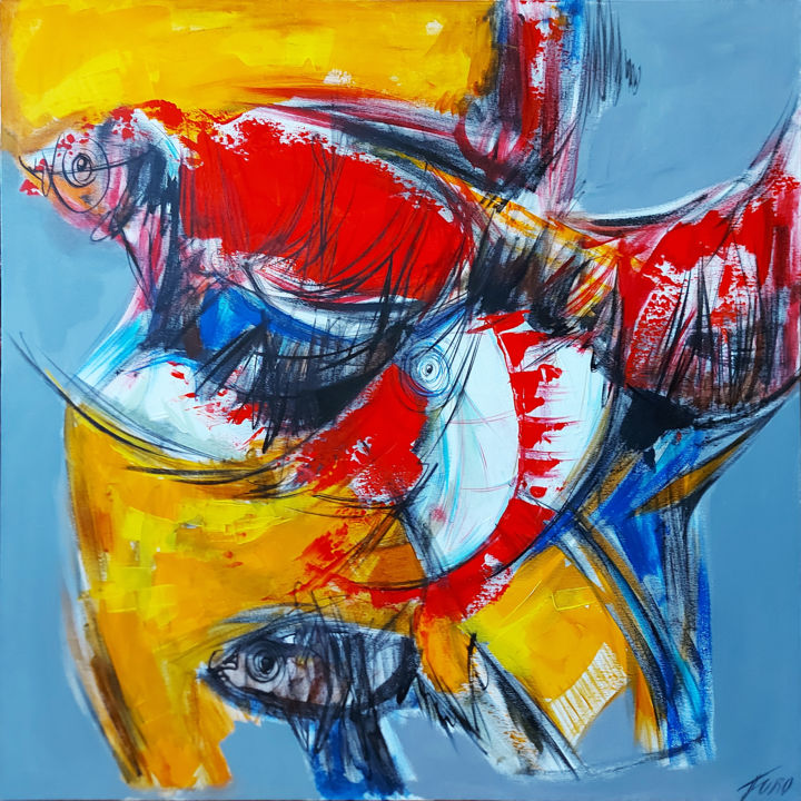 Painting titled "Fish" by Arthur Avalyan, Original Artwork, Oil Mounted on Wood Stretcher frame